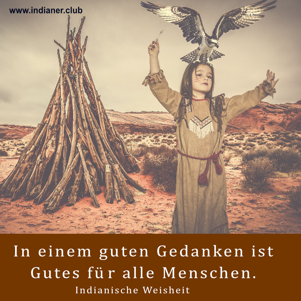 Hintergrundbild mit einem Indianermädchen, einem Mäusebussard und einer indianischen Weisheit
