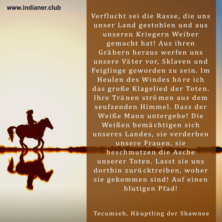 Hintergrundbild mit einem Indianerhäuptling auf einem Pferd und einem Zitat von Tecumseh