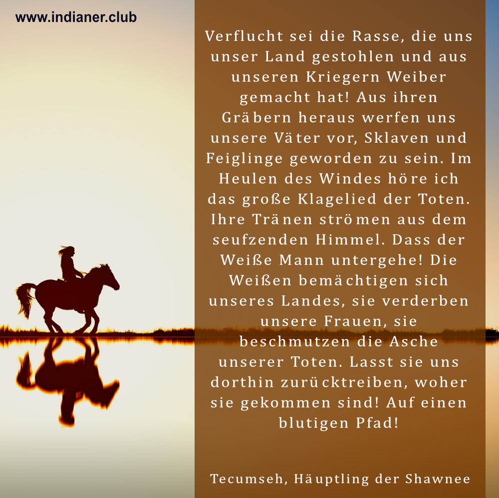 Hintergrundbild mit einem Indianerhäuptling auf einem Pferd und einem Zitat von Tecumseh